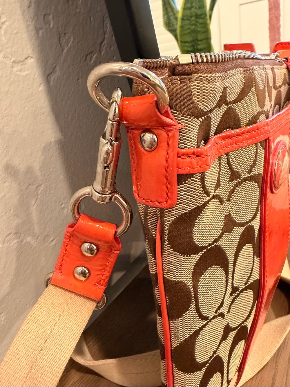 Coach Signature Crossbody with Brown Canvas and Orange Trim - Picture 4 of 9